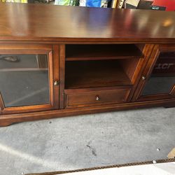 TV stand wood brown shelves drawer