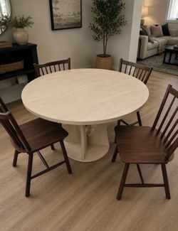 🌿 Modern Round Dining Table Set – Light Wood Table with 4 Brown Chairs | Space Saving
