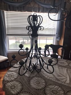 9-light chandelier, dark brushed brass. 32 inches high and 28 inches wide. Installed for 1 week and realized too big for room. Beautiful!!