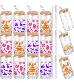 Vesici 12 Set Halloween Glass Cups Gift Bulk 16 oz Color Changing Ghost Cups with Lids Straws Bat Pumpkin Ghost Witch Pattern Tumbler Funny Halloween