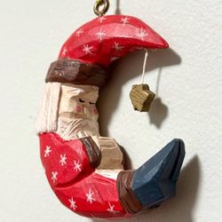 Vintage Carved Wood Santa Claus Crescent Moon Christmas Tree Decor Ornament