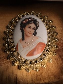 Limoges Gold Tone Vintage Limoges France Porcelain Cameo Pin