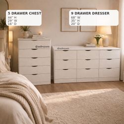 White 9 drawer dresser and 5 drawer chest