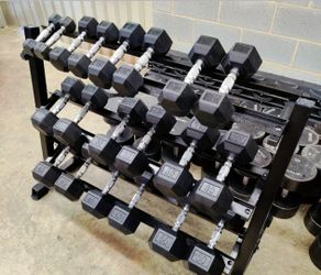 New Hex Rubber Dumbbells + 3 Tier heavy Rack FIRM PRICE