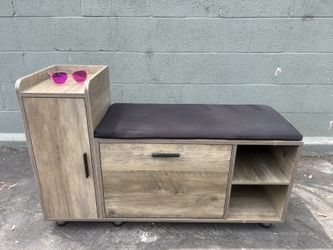 Wood-look shoe storage bench with black cushion