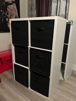 2 White Cube Storage Organizers w/ Black Bins (One Missing 1 Bin)