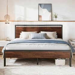 clearance King Size Bed Frame, Heavy Duty Metal Platform Bed with Wooden Headboard & Footboard, Mahogony