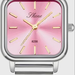 PASOY Women’s Square Gold Watch – Pink Dial Stainless Steel Bracelet – Elegant Minimalist Design