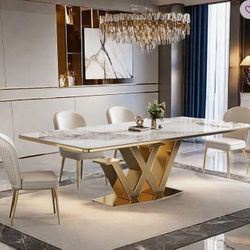 Luxury Marble Dining Table – Gold X Base – Modern Glam (TABLE ONLY)