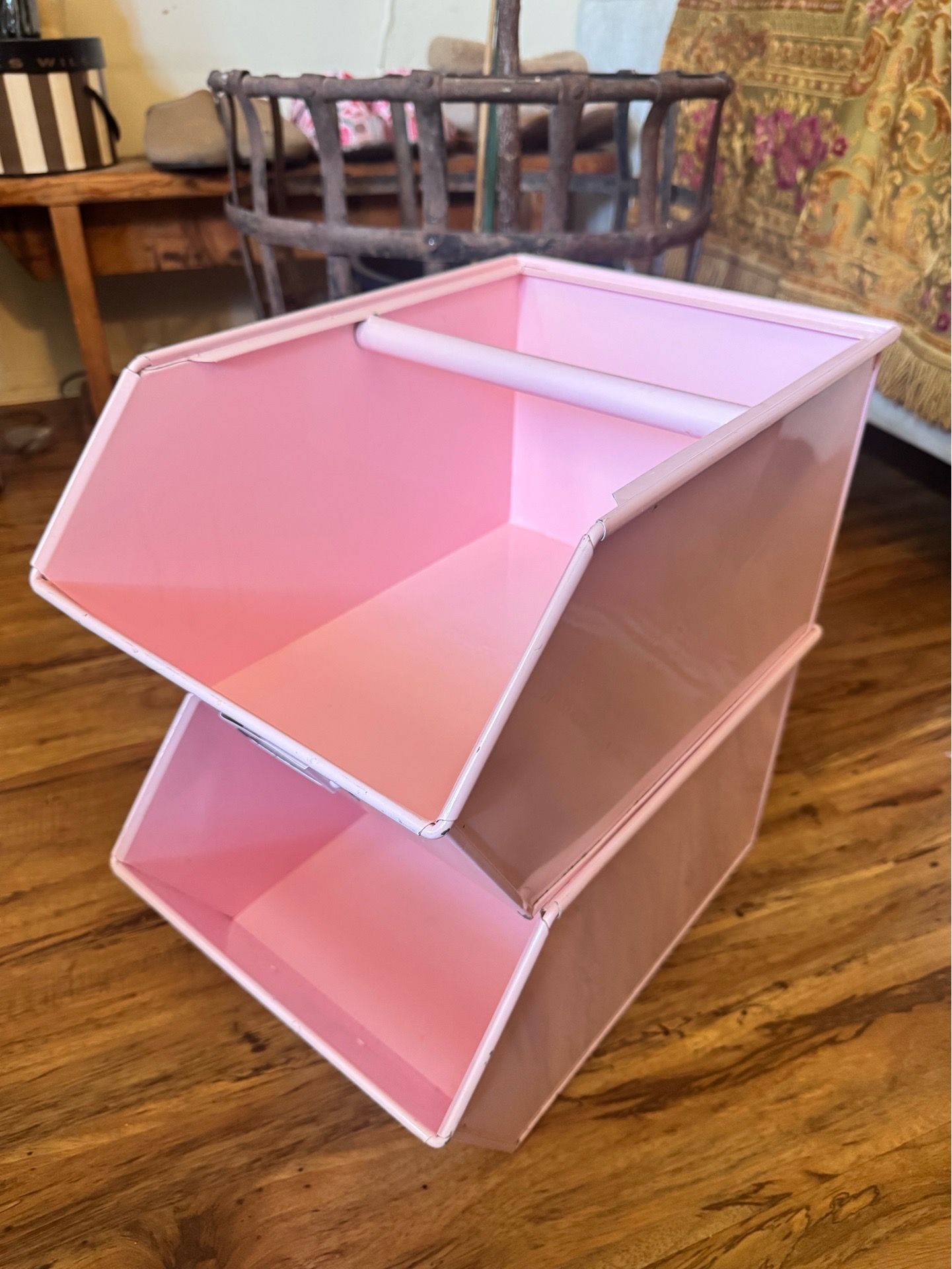 Pottery Barn Pink Metal Stacking Storage Bins Set of 2 Discontinued