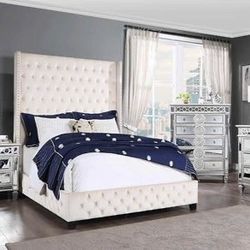 Brand New Beige Velvet 84” Tall Bedroom Set