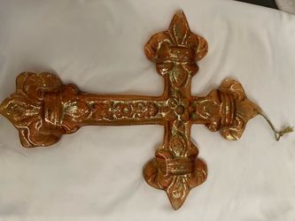 Vintage Glass Decorative Wall Cross with Fleur-de-Lis Detail