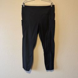 Women Black Activewear Stretchy Pockets Skinny Leg Ankle Leggings, Size L