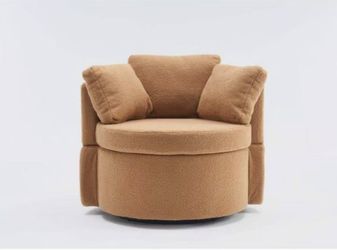 Khaki Teddy Fabric Swivel and Storage Barrel Chair with Back Cushion $80