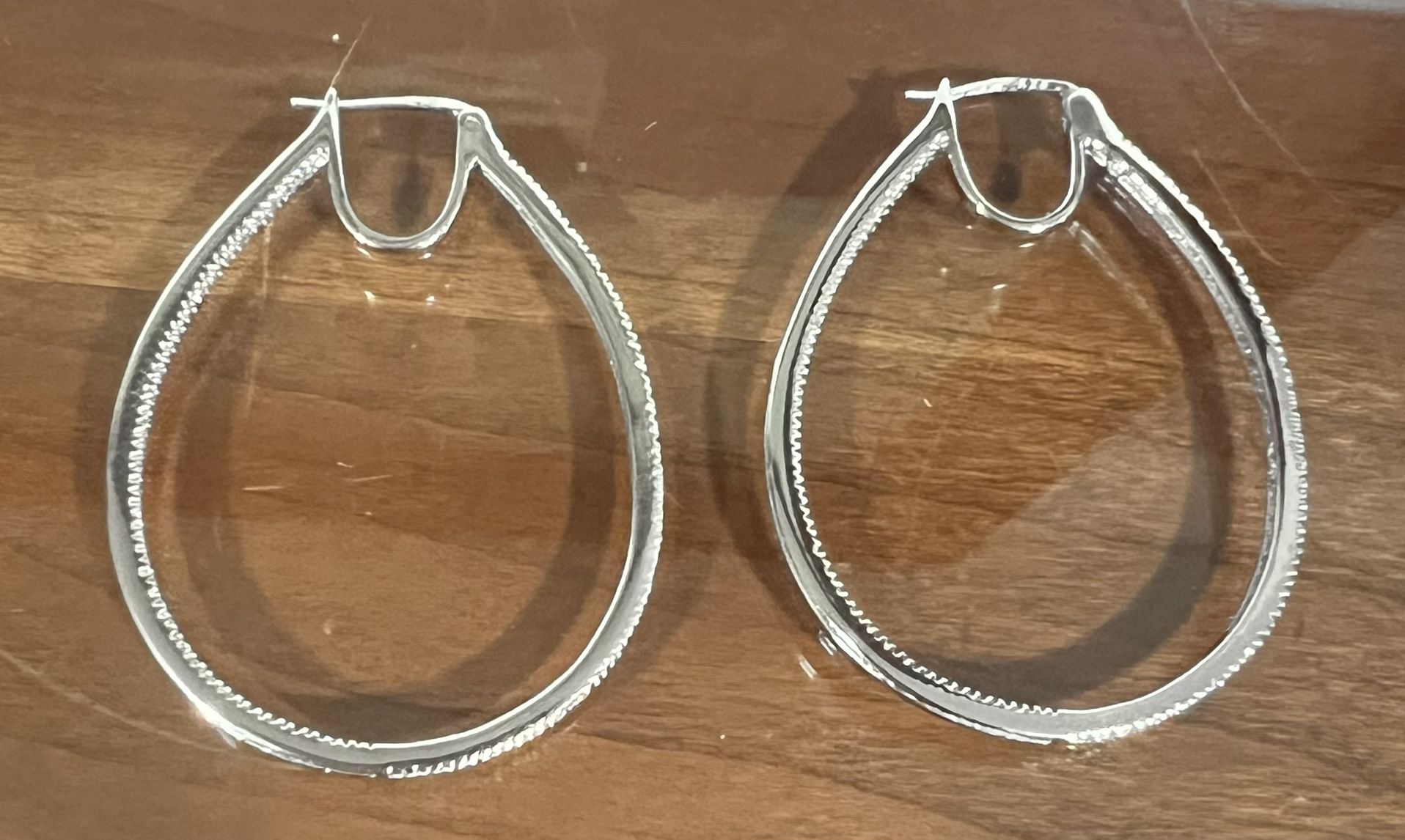 925 Sterling Silver Diamond Accent Medium Sized Hoops Earrings.