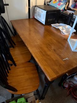 Wooden dining table, 3 chairs, and a bench