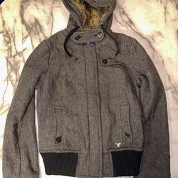 Y2K Chevron American Eagle Winter Coat Jacket Womens M Black Grey Wool Fur Hood