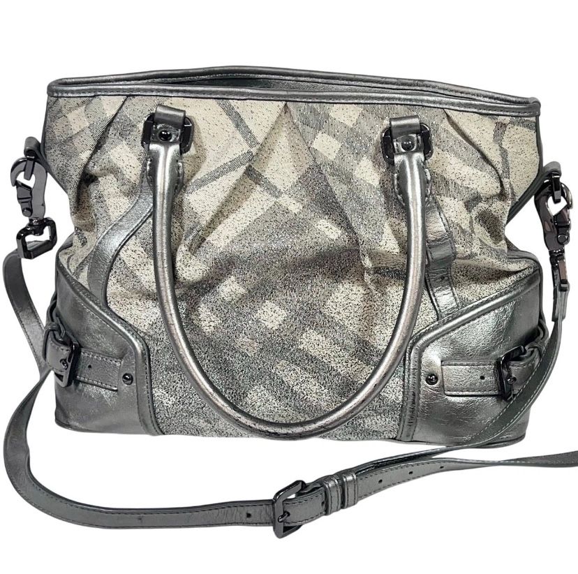 Burberry Pilgrim Tote Shoulder Bag Metallic Grey Beige Canvas Check Shopping