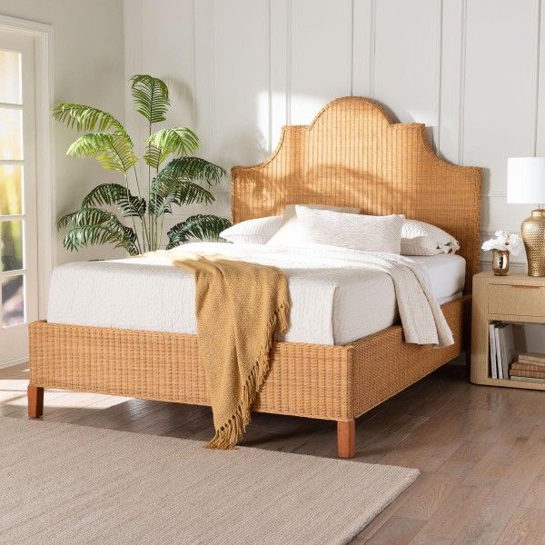 Natural Rattan Bed - Coastal Boho Design with Scalloped Headboard(NEW In A Box)