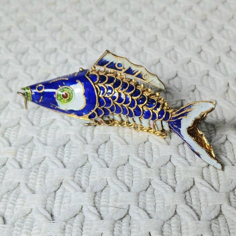 Vintage Koi Fish Cloisonne Deep Royal Blue Articulated Enamel Ornament Pendant