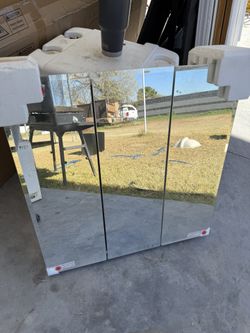 Design House Cyprus 25 In. Wide Medicine Cabinet, 3 Frameless Mirrored Doors, Pre-Assembled, Surface or Recess Mounted, White/Clear, 25.1 in. W x 4.4 