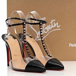 CHRISTIAN LOUBOUTIN NOSY SPIKES 100 BLACK LEATHER T STRAP PUMPS SPIKES SZ 38 NEW