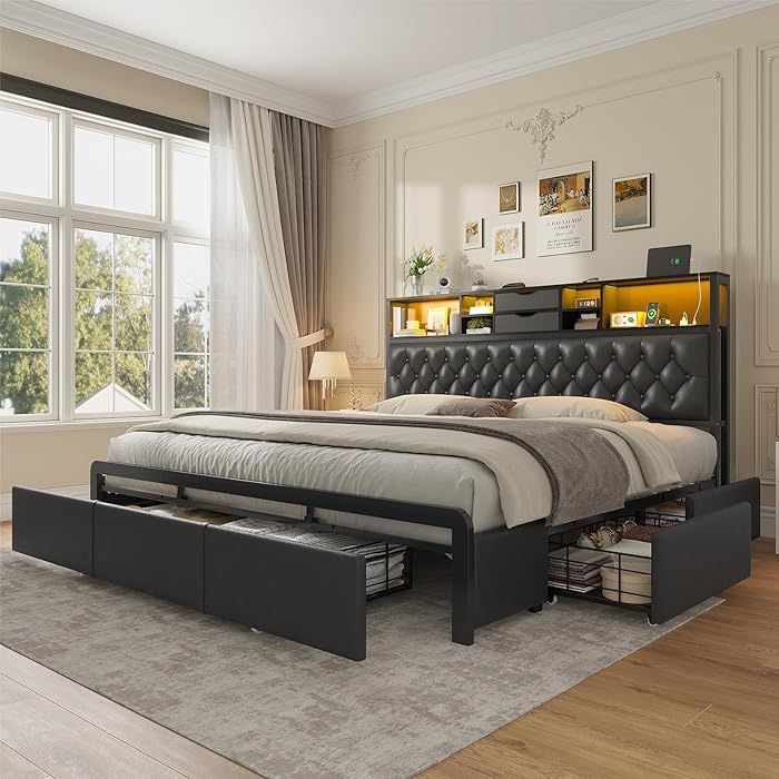 Modern King Bed Frame with 5 Drawers & 2-Tier Storage Headboard, Velvet Upholstered Platform Bed with LED Lights and Charging Station, No Noise, No Bo