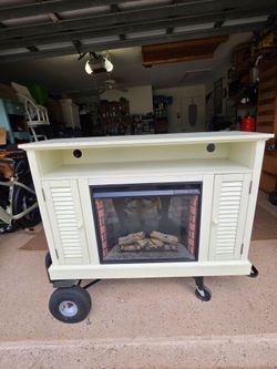 Electric Fireplace TV Console Off White w/ Remote – Heater Works – $50