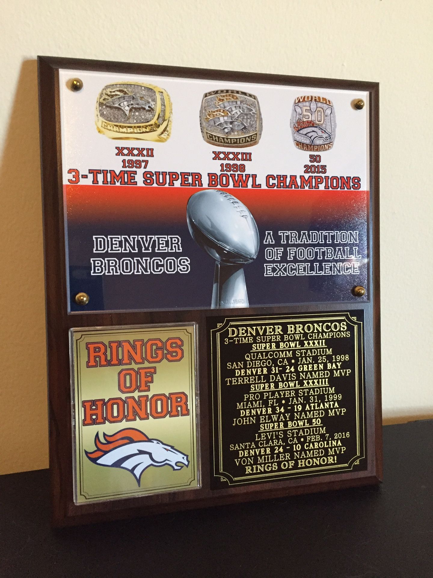 Denver Broncos Super Bowl Champions Plaque.