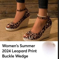 Women's Summer 2024 Leopard Print Buckle Wedge Sandals, Fashionable Adjustable