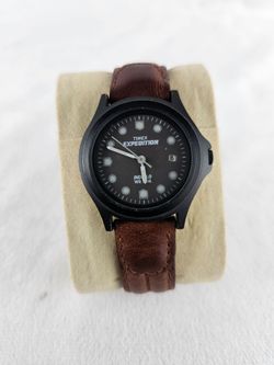 Timex Expedition Indiglo Men's Watch WR 50M Black Case Brown Leather Band Working