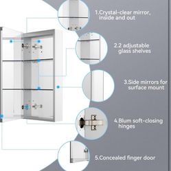 Medicine Cabinet with Mirror, 16" W x 31.5" H, 1 Door, Wall-Mounted & Recessed Bathroom Medicine Cabinet with Tempered Glass Mirror