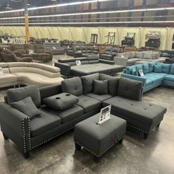 BRAND NEW SECTIONAL SOFA WITH OTTOMAN CHARCOAL LINEN (NEW IN BOXES 📦)