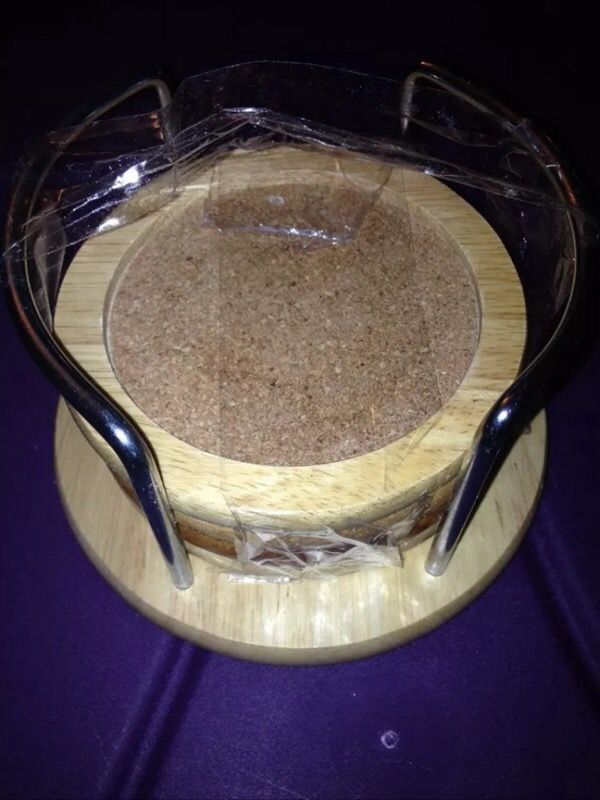 VINTAGE WOOD AND CORK COASTER SET 4