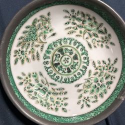 5.75 Inch  vintage  Porcelain Bowl Encased In Pewter 