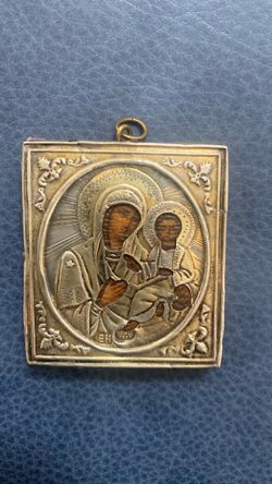 Antique Imperial Russian silver on hand painted Icon of Mother of God of Kazan (Catholic)  2”x1.75”