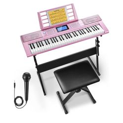 Donner Keyboard Piano 61 Key, Electric Keyboard Kit with 249 Voices, 249 Rhythms - Includes Piano Stand, Stool, Microphone, Gift for Beginners, Pink(D