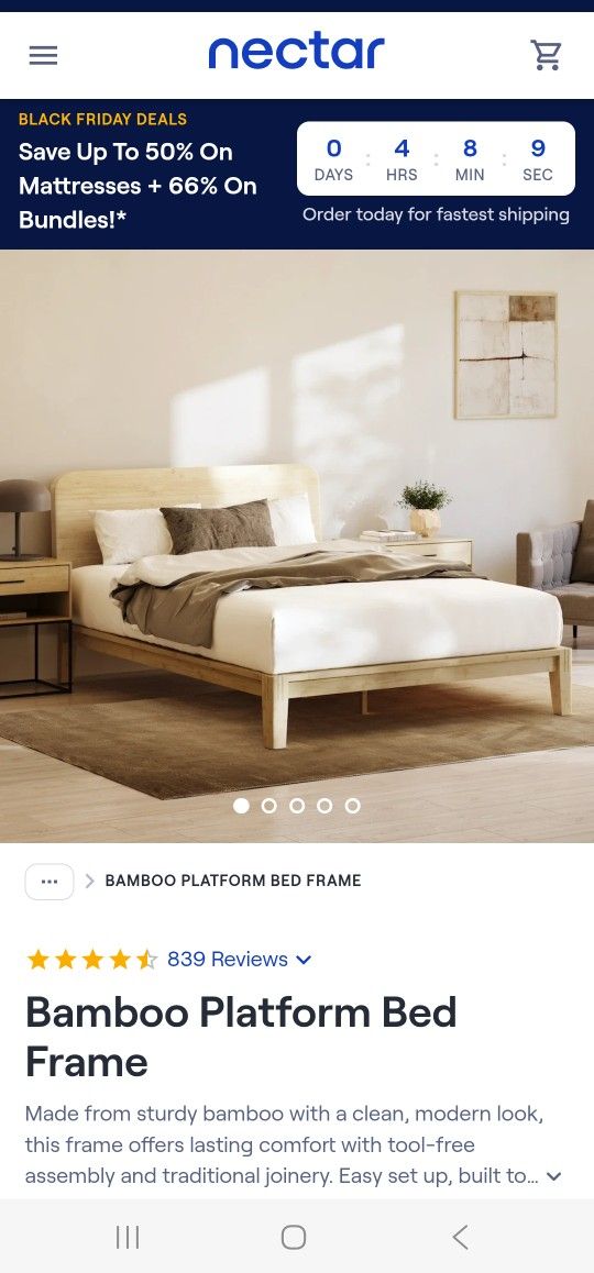 Nectar Bamboo Platform Bed Frame With Headboard - Queen - Natural - Floating Center Support Legs - 12” Height - Easy Tool Free Set Up -