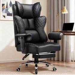New assembled Big and Tall Office Chair Wide Ergonomic Gaming Chair with Deluxe Embossing Designed Leather with Foot Rest,150°Reclining Adjustable Sof