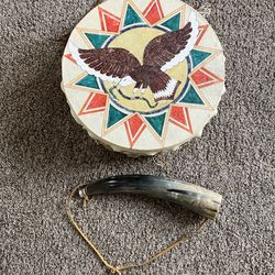 Native American Indian blow horn and drum vintage