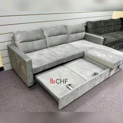 Velvet Reversible Sleeper Sectional Sofa with Storage Chaise
