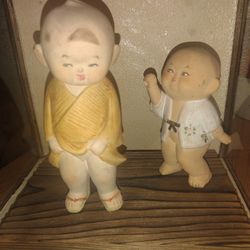 Two Vintage Japanese Boy Dolls Figurines Porcelain Bisque Gumps Hakata 5 & 6.5