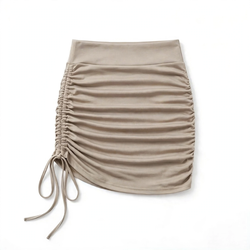Beige Ruched Drawstring Mini Skirt