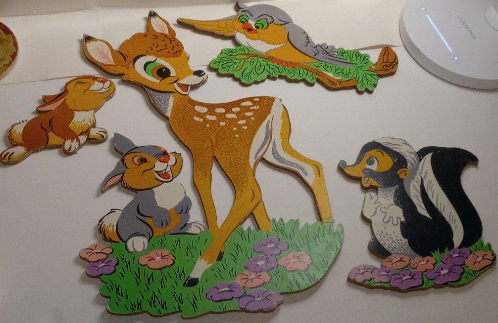 Vintage 1964 Era Disney Bambi Characters Nursery Wall Decor Art Owl Bunny Skunk
