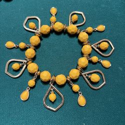 Yellow Beaded and Gold Bangles Bracelet with Gold tone accents Stretch