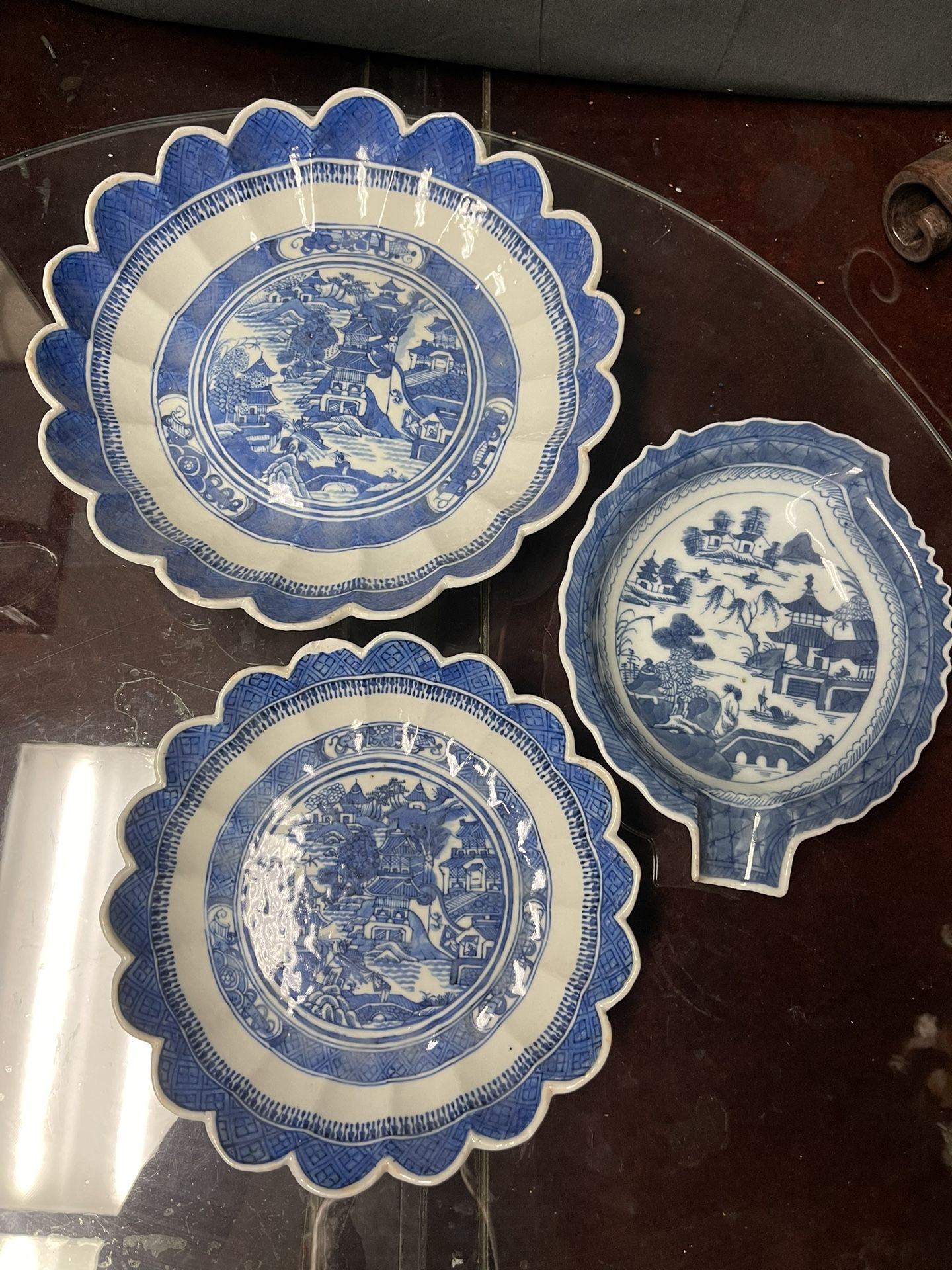 Set of 3 19th Century Chinese Export Blue & White Porcelain Landscape Scalloped Rim Dishes