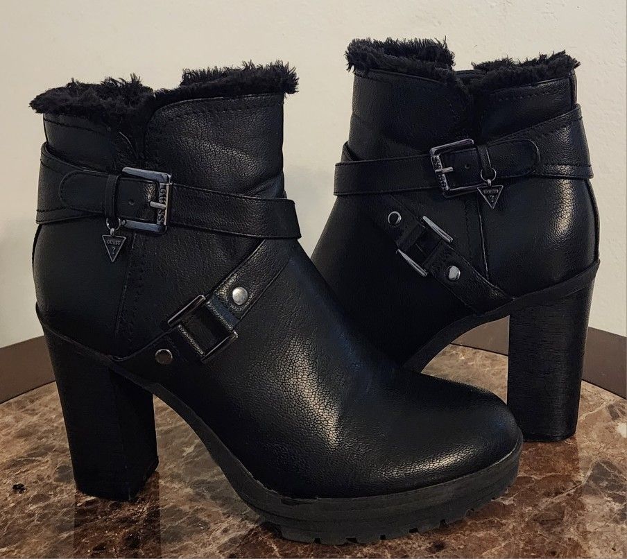 GUESS Women's High Heel Ankle Boots With Fur Trim 8M