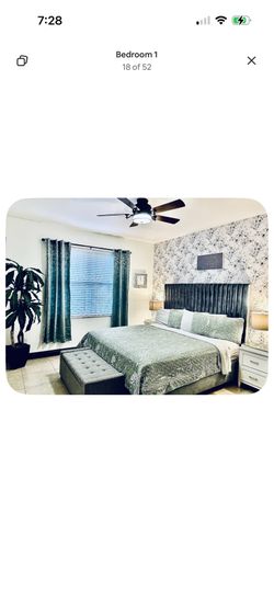 King bed, mattress, two nightstands and lamps