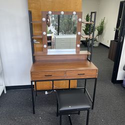 Vanity Table with Lighted Mirror, Industrial Makeup Vanity Dressing Table with 9 LED Lights and 2 Drawers,