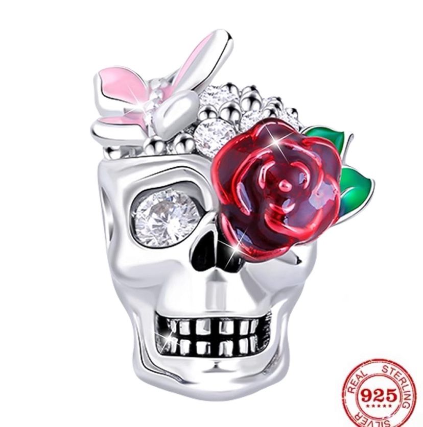 Crystals, Rose & Pink Bow Sugar Skull Charm for Snake Chain Bracelets .925 Stamp